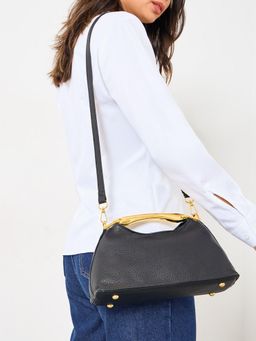 Styli - Women Black Solid Leather Satchel Bag With Detachable Strap