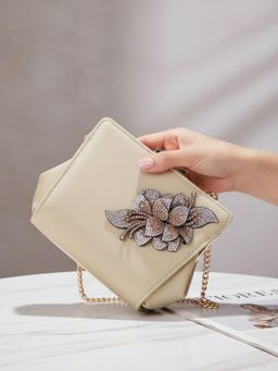 Inc.5 - Women Beige Embellished Sling Bag With Detachable Strap