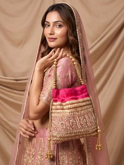 ADIVA - Pink Fabric Pearl Beaded Handheld Ethnic Potli Bag