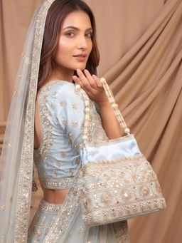 ADIVA - Blue Fabric Pearl Beaded Handheld Ethnic Handbag