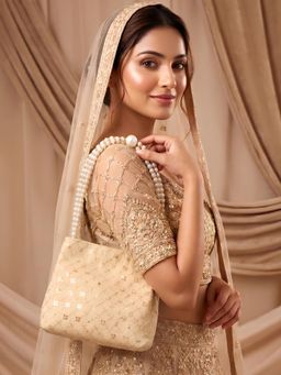 ADIVA - Gold Fabric Sequin Pearl Beaded Handheld Handbag