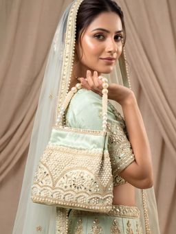 ADIVA - Green Fabric Pearl Beaded Handheld Ethnic Handbag