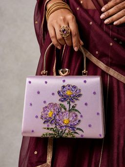 ARTKLIM - Purple Floral Embroidered Clutch With Detachable Strap