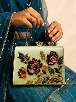 ARTKLIM - Green Floral Embroidered Designer Clutch With Detachable Strap