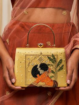 ARTKLIM - Yellow Artistic Embroidered Evening Clutch With Detachable Strap