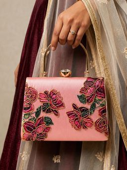 ARTKLIM - Pink Rose Embroidered Designer Clutch With Detachable Strap