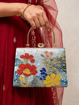 ARTKLIM - Blue Floral Artistic Embroidered Clutch With Detachable Strap