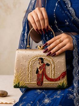 ARTKLIM - Beige Traditional Art Embroidered Clutch With Detachable Strap