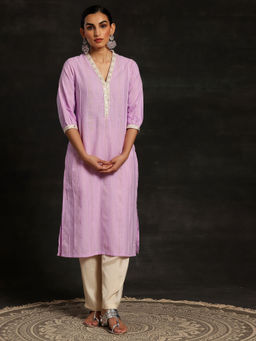 Libas - Purple Woven Design Straight Cotton Blend Kurta