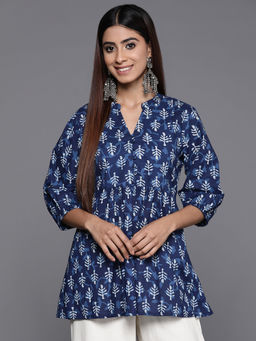 Libas - Blue Cotton Floral Printed A-Line Kurti