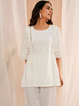 Libas - White Geometric Schiffli Kurti with Laces and Lining