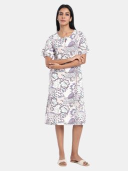 R&B - Off White Regular Fit Printed Women Nightdress
