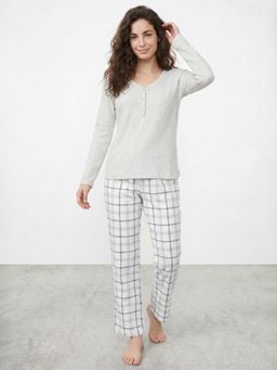R&B - Women Grey Melange V-Neck Long Sleeves Polyester T-Shirt And Pyjama