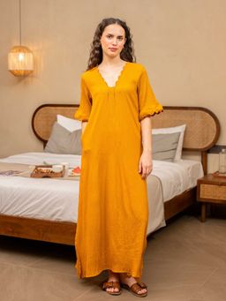 FEATHERS CLOSET - Mustard Soft Crepe Scallop Nightdress for Women