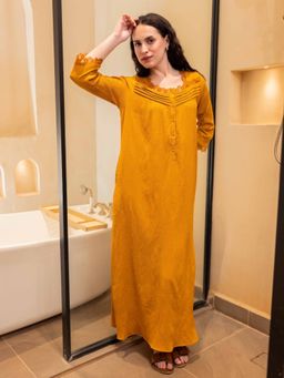 FEATHERS CLOSET - Mustard Soft Crepe Button Yoke Nightdress