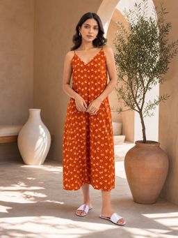 FEATHERS CLOSET - Rust Tiny Bloom Pure Cotton V-Neck Nightdress For Women