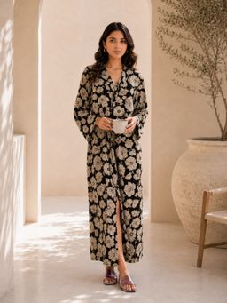 FEATHERS CLOSET - Black Blossom Pure Cotton Collar Robe For Women
