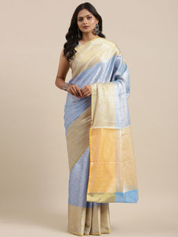 Banarasi Silk Works - Blue Silver Zari Kanchi Silk Tanchoi Meena Saree with Unstitched Blouse