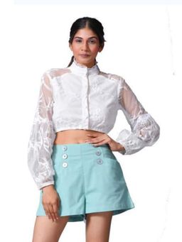 NOBARR - Women Cotton Insert Pockets and Button Details Turquoise Short