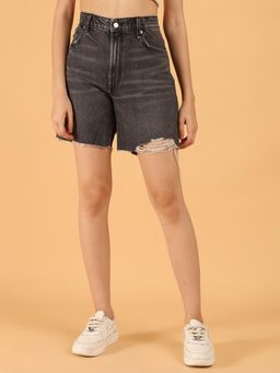 NOBARR - Women Distressed Grey High-Rise Denim Shorts