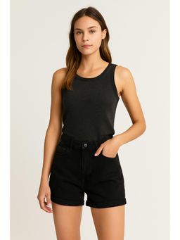 NOBARR - Women Cotton Black High-Waist Denim Shorts