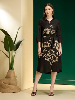 FASHOR - Black Floral Collar Neck Regular Dress