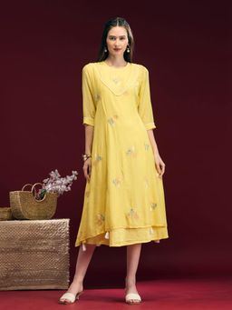 FASHOR - Yellow Floral Round Neck Regular Dress