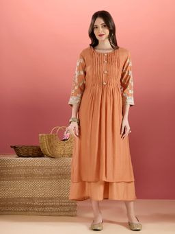 FASHOR - Peach Embroidered Round Neck Regular Dress