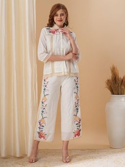 FASHOR - Off White Embroidered Collar Neck Regular Co-ord Set