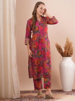 FASHOR - Multi-Color Embroidered V-Neck Straight Kurta With Pant
