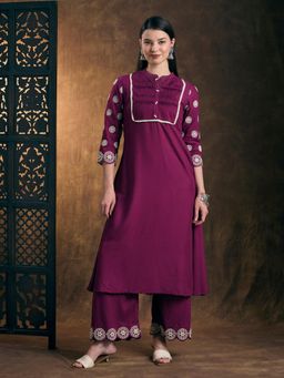 FASHOR - Purple Embroidered Mandarin Neck Regular Kurta With Pant