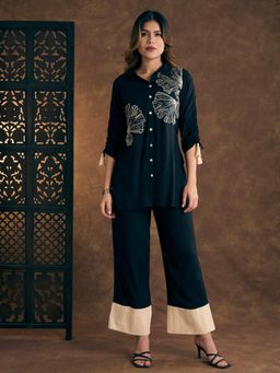 FASHOR - Black Embroidered Collar Neck Regular Co-ord Set