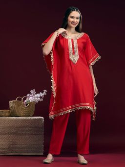 FASHOR - Red Embroidered Round Neck Regular Kaftan With Pant