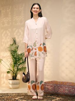 FASHOR - Off White Floral Mandarin Neck Regular Shirt With Palazzos