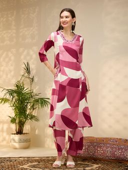 FASHOR - Multi-Color Printed V-Neck Regular Kurta With Pant