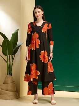 FASHOR - Black Floral V-Neck Regular Kurta With Palazzos