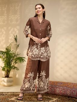 FASHOR - Brown Printed Collar Neck Regular Kurti With Palazzos