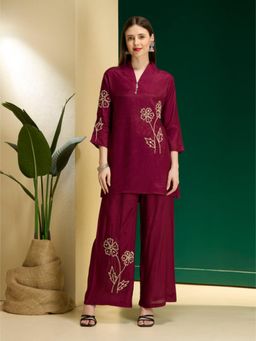 FASHOR - Burgundy Embroidered Collar Neck Straight Kurti With Palazzos