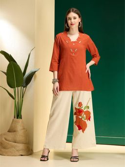 FASHOR - Orange Solid V-Neck Straight Kurti With Palazzos