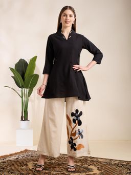 FASHOR - Black Solid V-Neck Regular Kurti With Palazzos