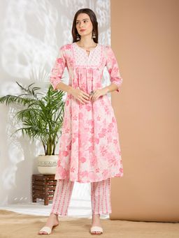 FASHOR - Pink Floral Round Neck Regular Kurta With Pant