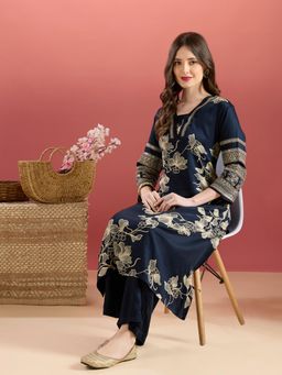 FASHOR - Navy Blue Floral V-Neck Regular Kurta With Palazzos