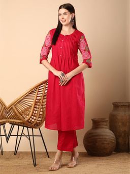 FASHOR - Pink Floral Round Neck A-Line Kurta With Pant