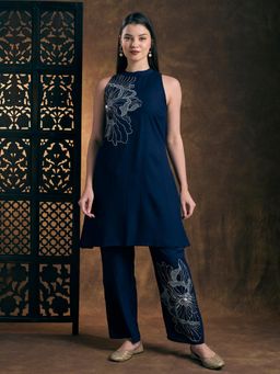 FASHOR - Navy Blue Embroidered Mandarin Neck Regular Kurti With Pant