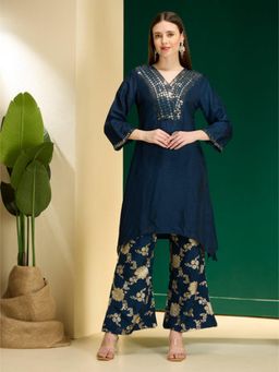 FASHOR - Navy Blue Embroidered V-Neck A-Line Kurta With Palazzos