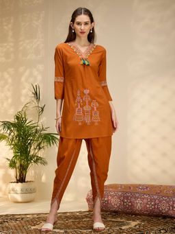 FASHOR - Rust Embroidered V-Neck Regular Kurti With Dhoti