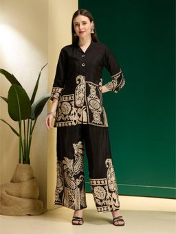 FASHOR - Black Floral Collar Neck Straight Kurti With Palazzos