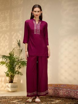 FASHOR - Burgundy Embroidered Mandarin Neck Regular Kurti With Palazzos