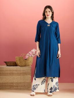 FASHOR - Navy Blue Solid V-Neck Regular Kurta With Palazzo