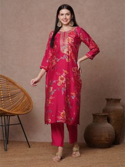FASHOR - Pink Floral Round Neck Straight Kurta With Pant
